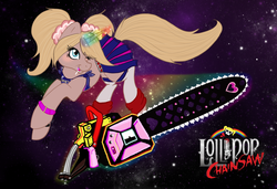 Size: 1465x1000 | Tagged: safe, artist:cluttercluster, pony, unicorn, chainsaw, cheerleader, cheerleader outfit, juliet starling, lollipop, lollipop chainsaw, ponified