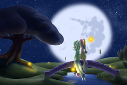 Size: 3000x2000 | Tagged: safe, artist:ilonis, bon bon, lyra heartstrings, sweetie drops, earth pony, firefly (insect), pony, unicorn, g4, bridge, female, full moon, high res, intertwined tails, lesbian, mare in the moon, moon, night, river, scenery, ship:lyrabon, shipping, sitting