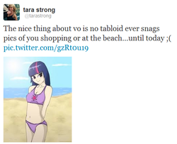 Size: 520x422 | Tagged: safe, twilight sparkle, human, g4, bikini, clothes, humanized, swimsuit, tara strong, text, twitter