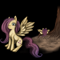 Size: 1200x1200 | Tagged: safe, artist:klalaskaxd, fluttershy, pegasus, pony, g4, crying, female, hair over one eye, mare, sad, sitting, solo, spread wings, tree, under the tree, wings