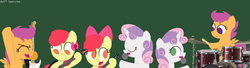 Size: 5500x1500 | Tagged: safe, artist:dtcx97, apple bloom, scootaloo, sweetie belle, earth pony, pegasus, pony, unicorn, post-crusade, g4, band, bow, cutie mark crusaders, drums, eyes closed, female, filly, foal, guitar, hair bow, hooves, horn, lineless, microphone, musical instrument, older, open mouth, self ponidox, smiling, spread wings, wings