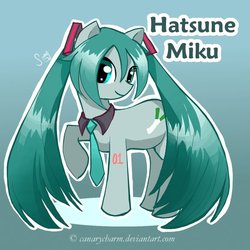 Size: 600x600 | Tagged: safe, artist:canarycharm, earth pony, pony, aqua eyes, aqua hair, collar, crossover, female, hatsune miku, hilarious in hindsight, looking at you, mare, necktie, pigtails, ponified, twintails, vocaloid