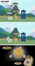 Size: 800x1500 | Tagged: safe, artist:sociox, derpy hooves, doctor whooves, time turner, earth pony, pegasus, pony, g4, box, comic, doctor who, female, male, mare, muffin, no more ponies at source, stallion, tardis, the doctor