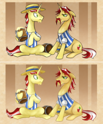 Size: 697x839 | Tagged: safe, artist:mn27, flam, flim, pony, unicorn, g4, cider, duo, duo male, flam is not amused, flim flam brothers, hatless, male, messy mane, missing accessory, sitting, stallion, unamused, upset, wet mane