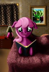 Size: 739x1080 | Tagged: safe, artist:chaosdrop, cheerilee, earth pony, pony, g4, book, female, horrified, reading, sad, scenery, solo