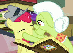 Size: 529x391 | Tagged: safe, screencap, apple bloom, granny smith, earth pony, pony, g4, ponyville confidential, season 2, animated, apple bloom's bow, baby, baby apple bloom, book, bow, clothes, couch, cropped, duo, eyes closed, face grab, fedora, female, filly, foal, grandmother and grandchild, grandmother and granddaughter, granny smith's shawl, hair bow, hat, indoors, loop, mare, photo, photo album, scarf, smiling, squishy cheeks, younger