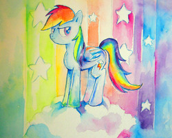 Size: 1976x1588 | Tagged: safe, artist:lotothetrickster, rainbow dash, pony, g4, female, solo, traditional art, watercolor painting