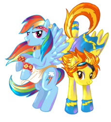 Size: 1950x2133 | Tagged: safe, artist:lotothetrickster, rainbow dash, spitfire, pegasus, pony, g4, armband, bipedal, cape, clothes, duo, duo female, ear piercing, earring, female, goggles, goggles on head, handstand, headband, jewelry, mare, open mouth, piercing, simple background, smiling, spread wings, transparent background, upside down, wings