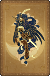 Size: 1900x2897 | Tagged: safe, artist:chio-kami, princess luna, pony, g4, card, clothes, feather, female, solo, steampunk