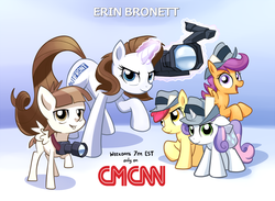Size: 1100x804 | Tagged: safe, artist:gsphere, apple bloom, featherweight, scootaloo, sweetie belle, oc, earth pony, pegasus, pony, unicorn, g4, cable news network, camera, cnn, cutie mark crusaders, erin bro-nett, hat, journalist, magic, ponified, press card, telekinesis, video camera