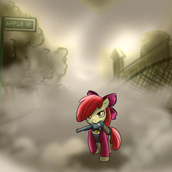 Size: 1000x1000 | Tagged: safe, artist:madmax, apple bloom, earth pony, pony, g4, female, filly, foal, gun, konami, maria (silent hill), mouth hold, revolver, silent hill