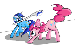 Size: 979x654 | Tagged: safe, artist:qaxis, minuette, pinkie pie, earth pony, pony, unicorn, g4, toothbrush, toothpaste