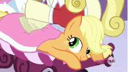 Size: 480x270 | Tagged: safe, screencap, applejack, earth pony, pony, g4, ponyville confidential, animated, female, grin, hoofy-kicks, lidded eyes, looking up, mare, massage, open mouth, prone, smiling, solo focus, talking