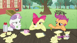Size: 640x360 | Tagged: safe, screencap, apple bloom, scootaloo, sweetie belle, earth pony, pony, unicorn, g4, ponyville confidential, season 2, animated, blinking, bored, coffee mug, cutie mark crusaders, female, filly, hoof on cheek, hoof on chin, hub logo, mug, notepad, outdoors, pondering, sudden clarity sweetie belle, supporting head, table, thinking bloom, trio
