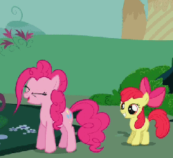 Size: 400x365 | Tagged: safe, screencap, apple bloom, pinkie pie, earth pony, pony, call of the cutie, g4, animated, eyes closed, female, filly, leg wiggle, mare