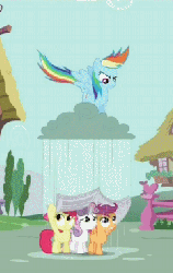 Size: 241x381 | Tagged: safe, screencap, apple bloom, rainbow dash, scootaloo, sweetie belle, earth pony, pegasus, pony, unicorn, g4, ponyville confidential, animated, cloud, cropped, cutie mark crusaders, female, filly, foal, mare, newspaper, rain, raincloud