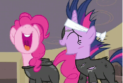 Size: 598x405 | Tagged: safe, screencap, pinkie pie, twilight sparkle, pony, g4, it's about time, season 2, animated, bandage, catsuit, cut, eyepatch, female, gif, laughing, laughingmares.jpg, nose in the air