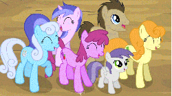 Size: 750x422 | Tagged: safe, screencap, berry punch, berryshine, carrot top, doctor whooves, golden harvest, linky, sea swirl, seafoam, shoeshine, time turner, tornado bolt, earth pony, pegasus, pony, unicorn, g4, it's about time, season 2, animated, background pony, female, filly, gif, laughing, laughingmares.jpg, loop, male, mare, stallion, stomping