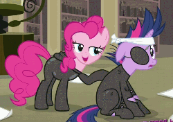 Size: 510x360 | Tagged: safe, screencap, pinkie pie, twilight sparkle, earth pony, pony, unicorn, g4, it's about time, season 2, animated, back rubbing, backrub, bandage, bedroom eyes, catsuit, eyepatch, female, floppy ears, future twilight, gif, out of context, rubbing, sitting, smiling