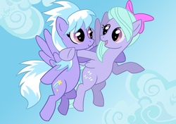 Size: 2480x1748 | Tagged: safe, artist:veganya, cloudchaser, flitter, pegasus, pony, g4, bow, cloud, duo, duo female, female, flying, hair bow, looking at each other, mare, sky, spread wings, wings
