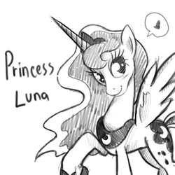 Size: 1000x1000 | Tagged: safe, artist:celine-artnsfw, princess luna, pony, g4, cute, female, head tilt, heart, looking at you, monochrome, raised hoof, sketch, smiling, solo, spread wings