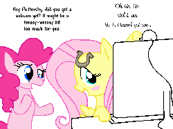 Size: 800x600 | Tagged: safe, artist:weaver, fluttershy, pinkie pie, pegasus, pony, g4, blush sticker, blushing, camwhore, computer, female, gif, horseshoes, mare, non-animated gif, shoe on head, simple background, webcam, white background