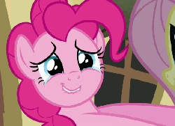 Size: 559x405 | Tagged: safe, screencap, fluttershy, pinkie pie, pony, g4, putting your hoof down, animated, cropped, female, loop, offscreen character, solo focus, teary eyes