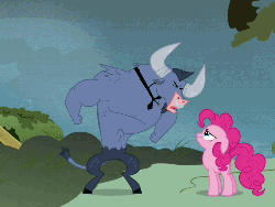 Size: 504x379 | Tagged: safe, screencap, iron will, pinkie pie, earth pony, minotaur, pony, g4, putting your hoof down, season 2, animated, argument, cartoon physics, elastic, female, floppy ears, long neck, long pony, male, mare, necc, nope, pinkie being pinkie, pinkie physics, ponies are stretchy, stretch, stretchy