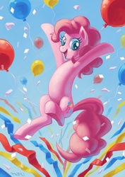 Size: 496x701 | Tagged: safe, artist:pinali, pinkie pie, earth pony, pony, g4, balloon, confetti, cute, diapinkes, female, mare, open mouth, solo, streamers
