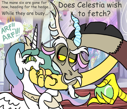 Size: 826x714 | Tagged: safe, artist:mickeymonster, discord, princess celestia, g4, ball, behaving like a dog, celestiabuse, dialogue, discorded, drool, female, fetch, grin, hypnosis, hypnotized, lidded eyes, male, mind control, open mouth, pet play, ship:dislestia, smiling, smirk, spread wings, straight, sunmutt, swirly eyes, tennis ball, tongue out