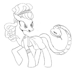 Size: 650x595 | Tagged: safe, artist:voodoo-tiki, oc, gorgon, pony, snake, black and white, clothes, female, grayscale, greek clothes, mare, medusa, monochrome, ponified, simple background, snake for a tail, solo, tail, white background