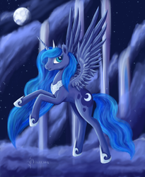 Size: 1640x2000 | Tagged: safe, artist:dalagar, princess luna, alicorn, pony, g4, female, mare, moon, night, solo, stars