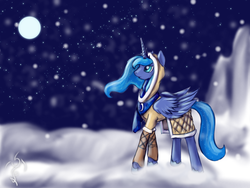 Size: 1600x1200 | Tagged: safe, artist:dalagar, princess luna, alicorn, pony, g4, clothes, female, mare, snow, snowfall, solo