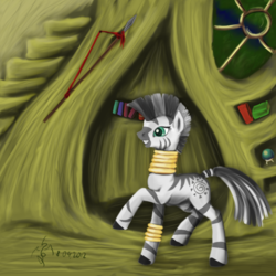 Size: 1024x1024 | Tagged: safe, artist:dalagar, zecora, pony, zebra, g4, ear piercing, earring, female, jewelry, piercing, quadrupedal, raised hoof, smiling, solo, spear, stairs, weapon, window, zecora's hut