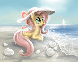 Size: 1920x1536 | Tagged: dead source, safe, artist:rom-art, fluttershy, pegasus, pony, g4, beach, boat, female, hat, mare, ocean, sailboat, seashell, solo, sparkles