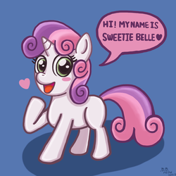 Size: 2000x2000 | Tagged: dead source, safe, artist:eddiedodoman, sweetie belle, pony, unicorn, g4, blue background, blush sticker, blushing, dialogue, female, filly, floating heart, heart, high res, raised hoof, simple background, speech bubble, talking to viewer