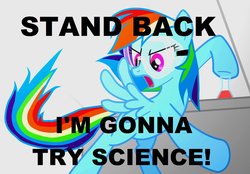 Size: 1000x696 | Tagged: safe, rainbow dash, pegasus, pony, g4, female, flask, mare, missing cutie mark, open mouth, safety goggles, science, solo, spread wings, text, wings
