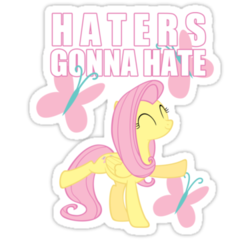 Size: 375x360 | Tagged: safe, fluttershy, pegasus, pony, g4, ^^, caption, cutie mark background, eyes closed, female, folded wings, haters gonna hate, mare, raised hoof, raised leg, simple background, smiling, solo, sticker, text, transparent background, wings