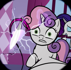 Size: 700x690 | Tagged: safe, artist:lightbulb, rarity, sweetie belle, pony, unicorn, g4, carousel boutique, female, filly, foal, fourth wall, fourth wall destruction, levitation, magic, magic aura, mare, needle, no catchlights, telekinesis, thread, window, wrong magic color