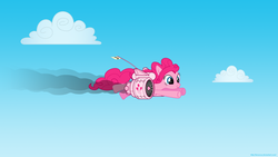 Size: 1920x1080 | Tagged: safe, artist:larsurus, pinkie pie, earth pony, pony, g4, cloud, cloudy, female, flying, jet, jetpack, sky, smiling, solo