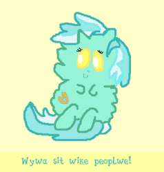 Size: 328x344 | Tagged: source needed, safe, artist:gullible-anon, lyra heartstrings, fluffy pony, pony, unicorn, g4, anatomically incorrect, beady eyes, chibi, cute, female, filly, filly lyra, fluffy ponified, foal, incorrect leg anatomy, lyrabetes, original art, simple background, species swap, tail, teal hair, teal mane, teal tail, two toned hair, two toned mane, two toned tail, yellow background, yellow eyes, younger