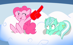 Size: 2880x1774 | Tagged: safe, artist:rayne-is-butts, lyra heartstrings, pinkie pie, g4, cloud, foam finger, humie