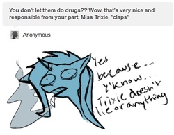 Size: 510x397 | Tagged: safe, artist:ghost, trixie, pony, unicorn, g4, ask, ask-stoned-trixie, drugs, joint, marijuana, stoned trixie, tumblr