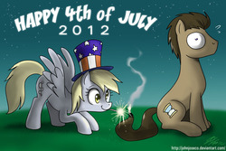 Size: 1100x733 | Tagged: safe, artist:johnjoseco, derpy hooves, doctor whooves, time turner, pegasus, pony, g4, 2012, 4th of july, american independence day, duo, female, hat, independence day, male, mare, stallion, this will end in tears
