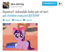 Size: 468x378 | Tagged: safe, twilight sparkle, pony, unicorn, g4, brony queen, cute, filly, hair bow, tara strong, text, twiabetes, twitter, word of strong, younger