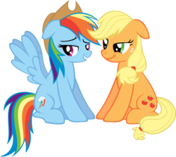 Size: 5033x4493 | Tagged: safe, artist:daydreamsyndrom, applejack, rainbow dash, earth pony, pegasus, pony, g4, absurd resolution, applejack's hat, cowboy hat, female, hat, lesbian, mare, ship:appledash, shipping, simple background, sitting, transparent background, vector