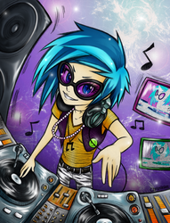 Size: 600x784 | Tagged: safe, artist:christinies, dj pon-3, vinyl scratch, human, g4, blue eyes, female, humanized, looking at you, music notes, solo, speaker, turntable