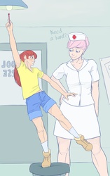 Size: 1698x2700 | Tagged: safe, artist:jakneurotic, apple bloom, nurse redheart, human, g4, blushing, caught, clothes, humanized, midriff, nurse, school, skirt, thermometer