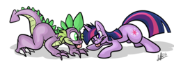 Size: 1280x461 | Tagged: safe, artist:secoh2000, spike, twilight sparkle, dragon, pony, unicorn, g4, :p, duo, duo male and female, female, horn, male, older, older spike, teenage spike