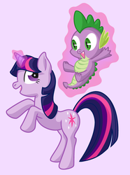 Size: 569x765 | Tagged: safe, artist:oneeyedme, spike, twilight sparkle, dragon, pony, unicorn, g4, female, levitation, magic, male, mare, simple background, telekinesis